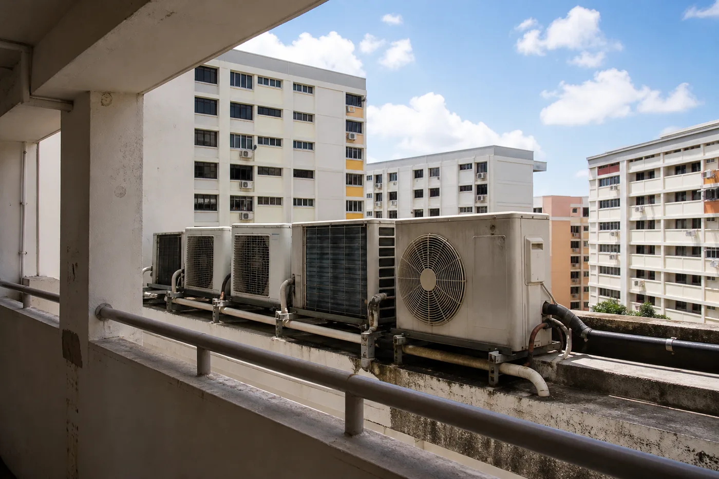 Air-conditioner condenser units on the outdoor ledge of an HDB block, seen from the common corridor with neighbouring blocks beyond