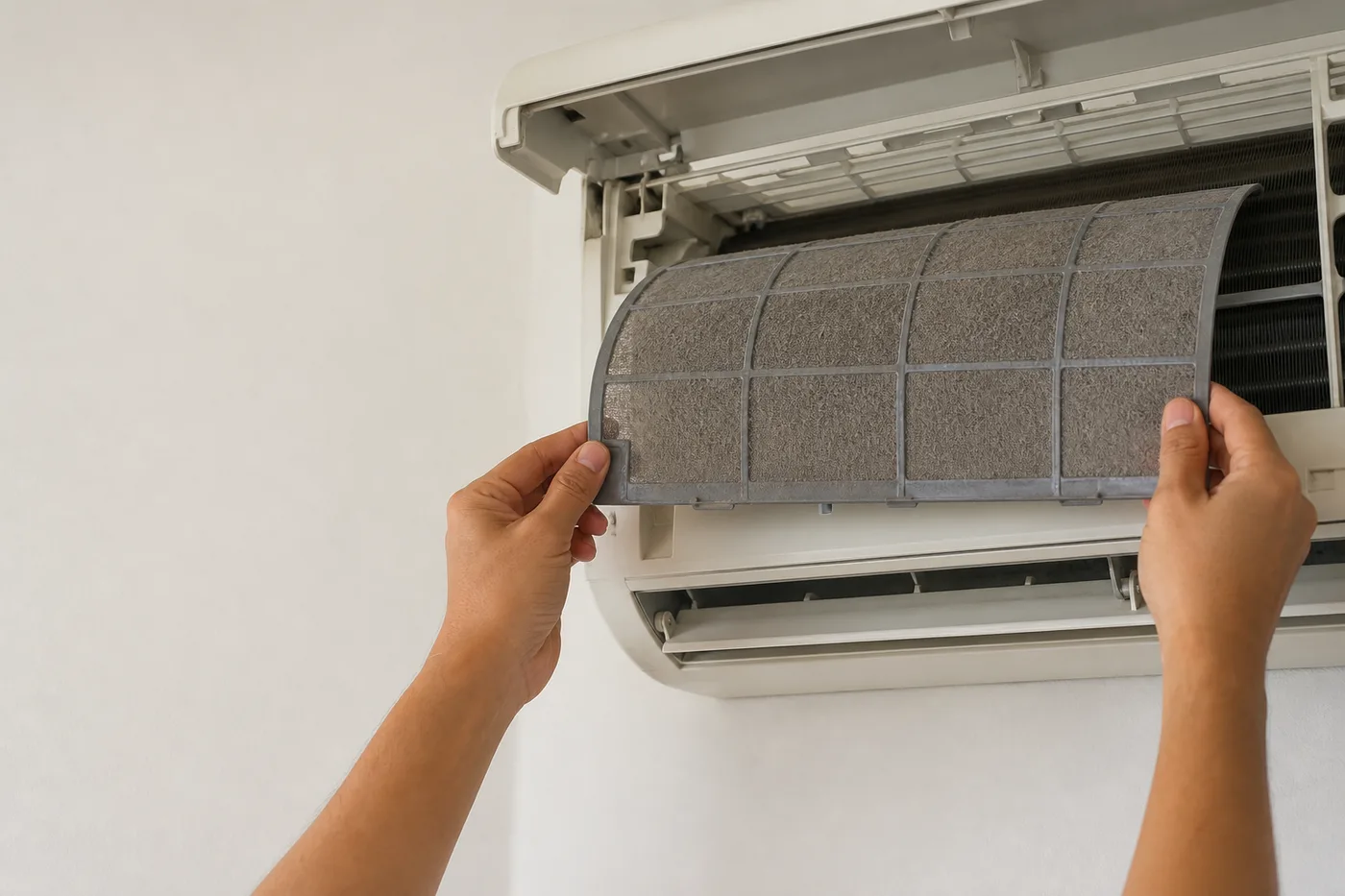 Hands lifting a dust-clogged filter panel out of a wall-mounted air-conditioner, the clean interior visible behind it