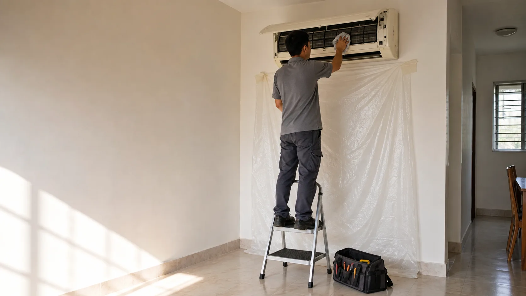 A technician on a step ladder cleaning inside an open wall-mounted air-conditioner in a flat's living room